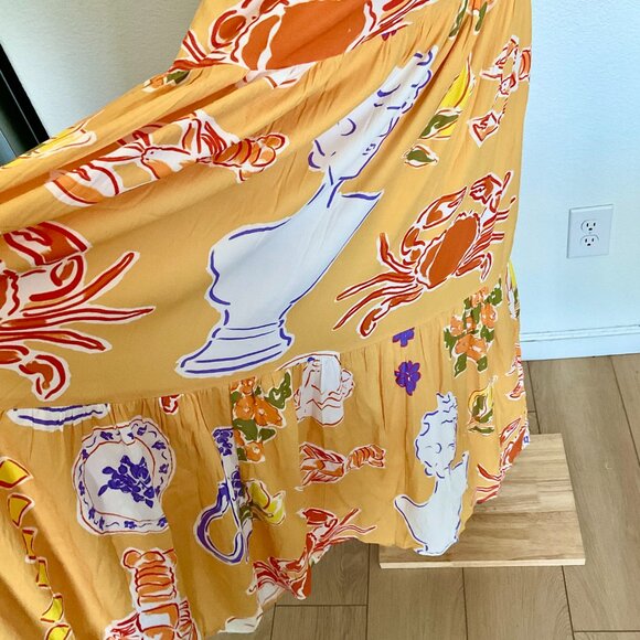 🦀 SABO Aliza Assymmetrical Cut-Out Fit and Flare Maxi Dress Ciao Yellow Print S - Picture 6 of 16